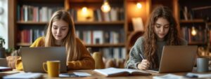 Two college students concentrating on laptops while studying in a library.