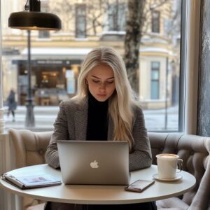 A college woman in a café, working on her laptop with documents and a cappuccino nearby