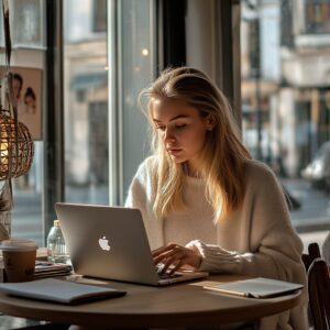 College student studying for vector calculus exam on laptop in cafe