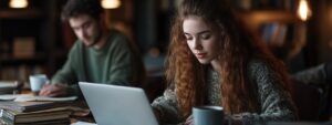 A college student with long curly hair working on a laptop in a quiet café.