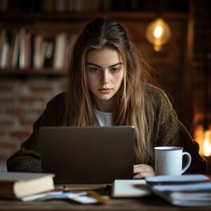 Young woman studying on a laptop with books and coffee in a cozy study space.