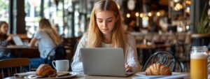 College student sitting in a café working on a laptop with coffee and croissant.