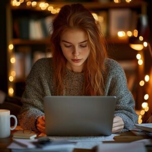 College student concentrating on laptop with warm lights while preparing for a differential geometry exam.