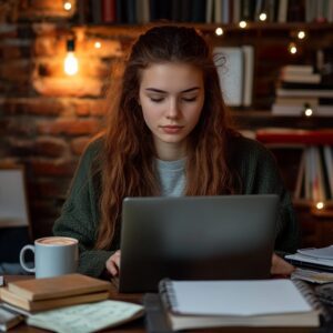 College student studying Euclidean Geometry on a laptop with books and coffee in a warm, cozy study space.
