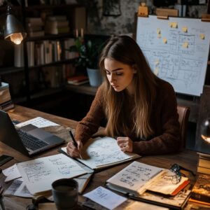 College student writing formulas in a notebook while studying for a financial mathematics exam.