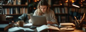 College student studying late at night with a laptop and notes for a functional analysis exam.