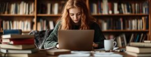Female student studying alone in a library with a laptop and stacks of books.