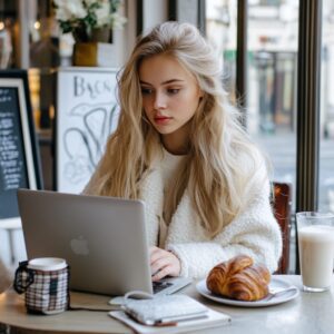 College student studying predictive analytics on laptop with coffee and croissant in a café.