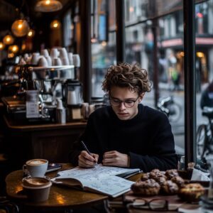 Young man in glasses studying discrete math in a café with coffee and pastries on the table.