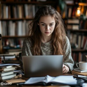 College student working on a laptop with coffee while preparing for integral equations exam.