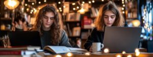 Two college students studying together with laptops and books in a cozy library setting.