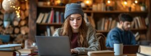Young student wearing a beanie and sweater working on a laptop in a cozy study space with books around.