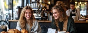 Two female students laughing and discussing actuarial mathematics exam help at a café.
