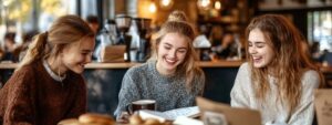 Three young women smiling and talking while reviewing notes at a coffee shop table.