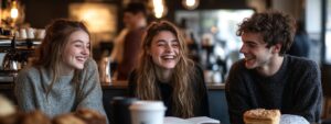 Group of three college friends smiling and laughing at a café.