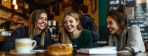 Three smiling college friends enjoying coffee and a pastry in a café.