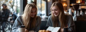 Two college students enjoying coffee and studying together for a functional analysis exam.