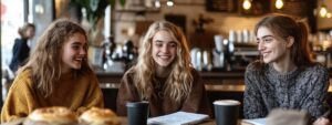Three college students happily chatting over coffee and notebooks
