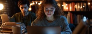 Male and female students studying late at night in a library with laptops and books.