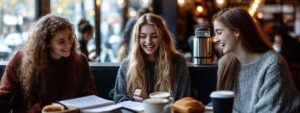 Three young women laughing and discussing notes over coffee in a cafe.