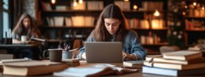 Female student in a library with laptop and books, studying intensely