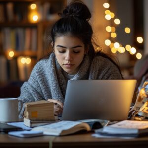 Focused student studying with laptop in a cozy room lit by warm fairy lights