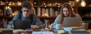 Two focused college students studying on laptops in a warmly lit library.