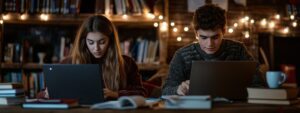 Two students working on laptops at night with warm lights in the background.