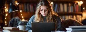 Female student concentrating on her laptop while preparing for a financial mathematics exam at night.