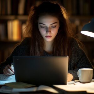 Female student studying late at night with laptop, coffee, and books.