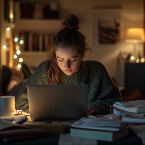 A student studying at night with a laptop and books surrounded by warm lights.