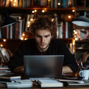 College student concentrating on laptop in a dimly lit library surrounded by math textbooks.