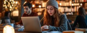 Student in a beanie studying on a laptop surrounded by books.