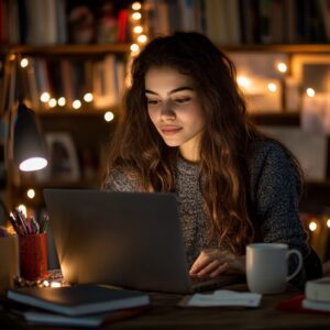 Student studying at night with fairy lights, laptop open, focusing on exam prep.