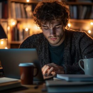 Male college student concentrating on laptop work with coffee nearby.