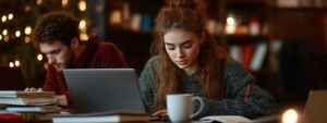 Female student studying late at night with laptop, coffee, and books.