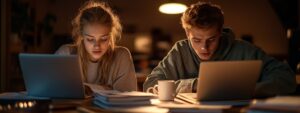 A male and female college student studying at night with laptops and books.