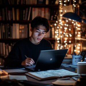 Male student with glasses working on his laptop at night, surrounded by books and fairy lights.