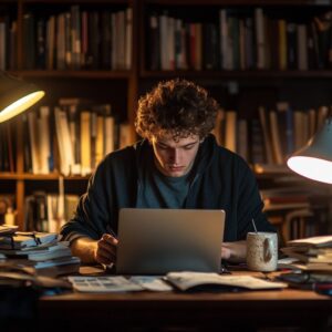 Male student studying at night in a library with a laptop and books.