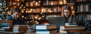 Male and female students studying with laptops and books in a warmly lit library decorated with string lights.