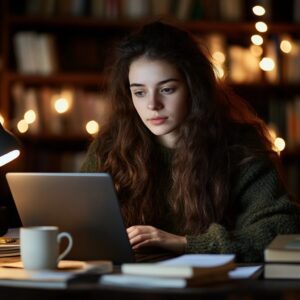 College student reviewing Decision Theory study material on her laptop at night.