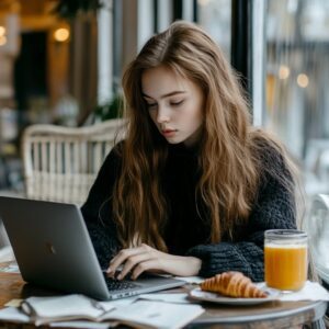 Focused college student typing on laptop with orange juice and croissant on table.