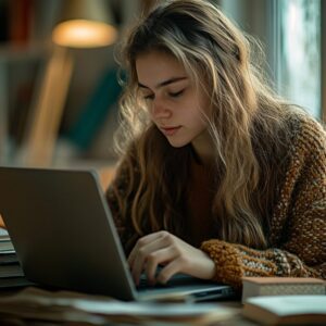 A college girl studying at home with laptop and books.