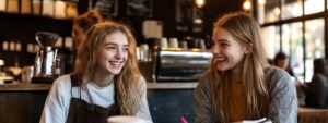 Two college girls smiling in a coffee shop, notebooks open