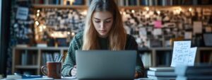 Young woman typing on a laptop in a modern study space with books and notes.