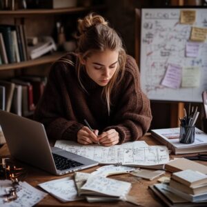 Student surrounded by notes and books while working on topology problems.