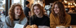 Three college students smiling together in a café with study materials