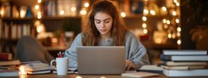 A student surrounded by books and a laptop in a warmly lit study space.