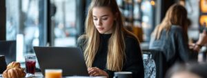 Female student focused on laptop in a café with pastries, juice, and coffee.