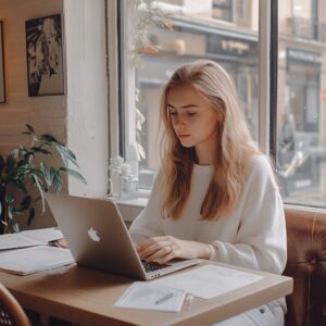 A college student working on a MacBook in a bright café with study notes.